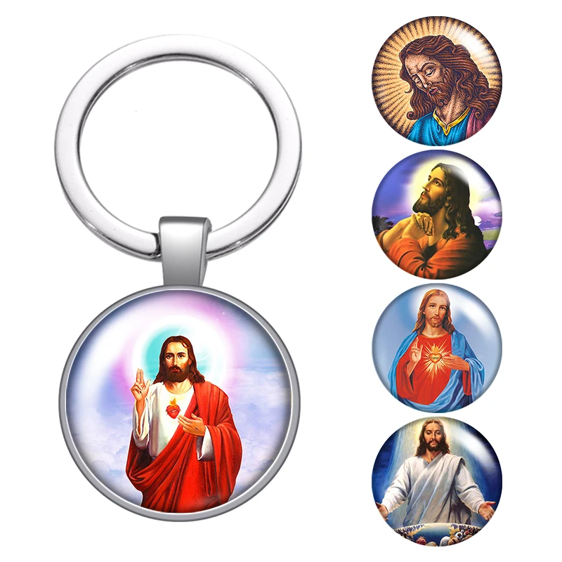 Jesus Blessed Christian glass cabochon keychain Bag Car key chain Ring