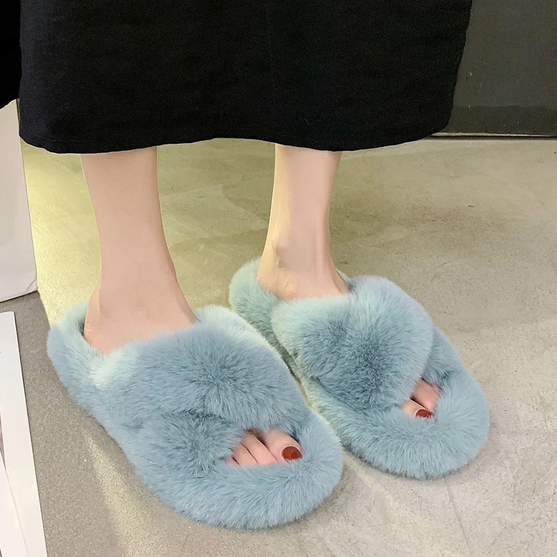 Furry Slippers Slides Fully-Wrapped Sole Faux-Fur Cozy Home Winter Women Flats Vamp Warm