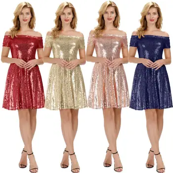 

Grace Karin Women Off Shoulder Sequin Evening Party Dress Pleated Midi A-line Dress Vintage Short Flared Swing Dresses