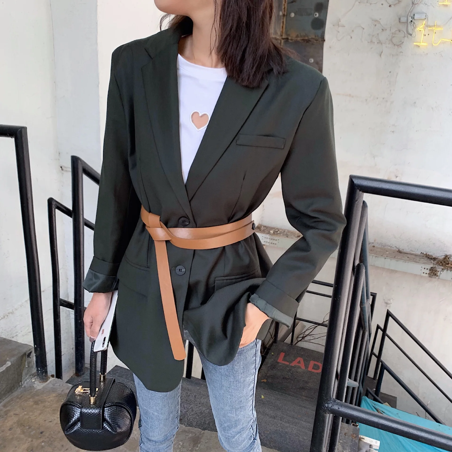 

T4413 Corset Casual Suit Jacket Women's Korean-style Loose-Fit Slimming British-Style Belt Blazer Women's New