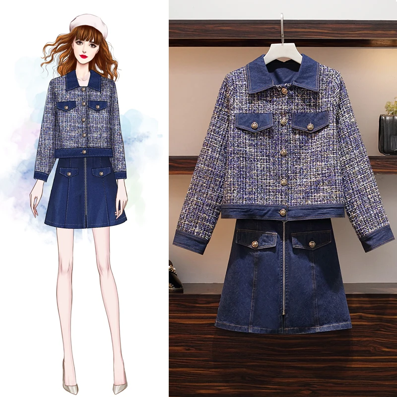 New arrival Tweed Set Suit Autumn Winter Women's Single Breasted Short Jacket Coat+ High Waist Demin Bodycon Mini Skirt Set
