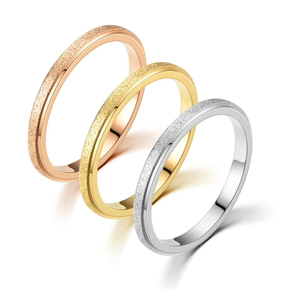 2mm Frosted Rings for Women Small Mini Rose Gold Color Stainless Steel US size 3 4 5 6 7 8 9 10
