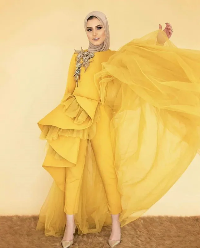 Yellow Muslim Prom Jumpsuit With Train 2020 Long Sleeve Peplum Tutu Kaftan Caftan Arabic Hijab Occasion Evening Pant Suit Dress Prom Dresses Aliexpress