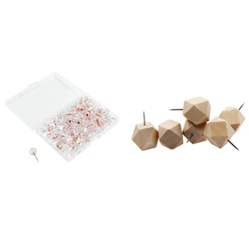 

18Pcs Wood Head and Steel Needle Point & 100Pcs Rose Gold Push Pins ThumbTacks Transparent Plastic Round Head Map Tacks