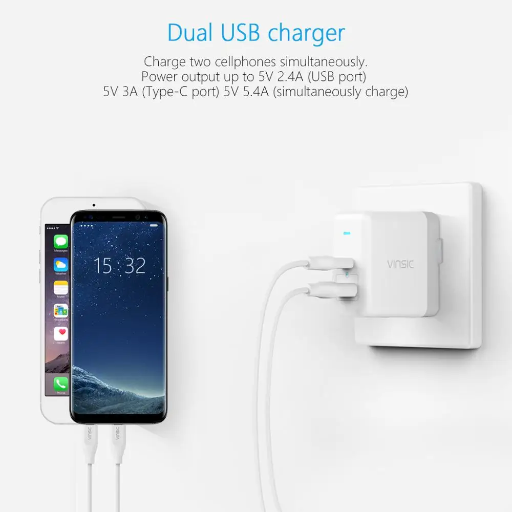 Зарядное устройство Vinsic type-C, 5 В, а, type-c, двойной USB порт, умное настенное зарядное устройство, зарядное устройство для путешествий, штепсельная вилка США для iPhone, ipad, mini, samsung, Xiaomi