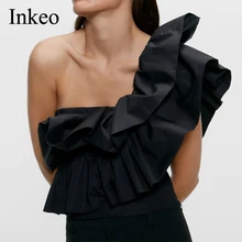 Черный топ с оборками для женщин, Новое поступление, сексуальный короткий топ с открытыми плечами, тонкая необычная блузка, модная летняя Праздничная INKEO 9T015