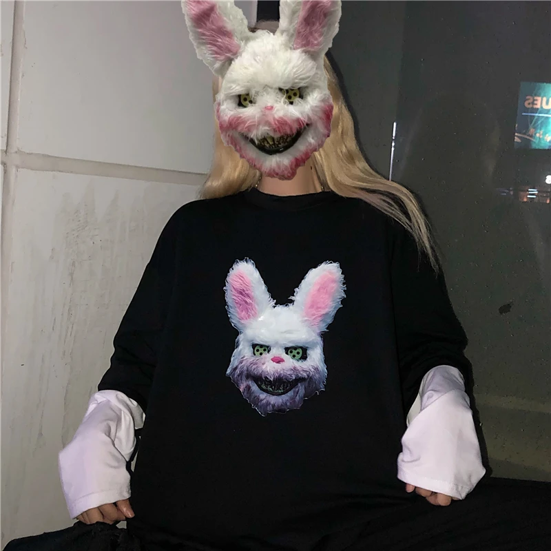 Harajuku уличная футболка Женские рубашки-топы Осень корейский стиль Ulzzang поддельные два кролика печати длинный рукав футболки женские топы