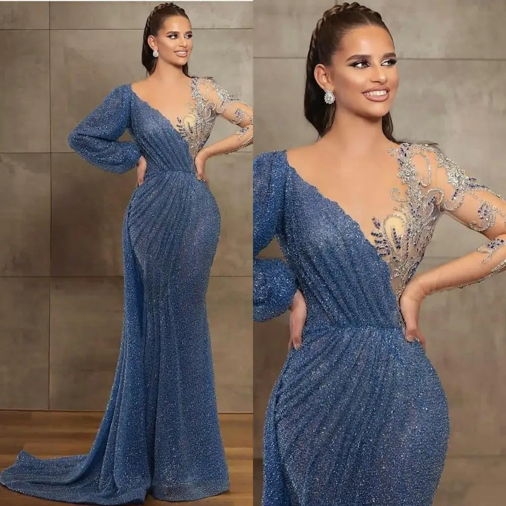 Blue Jewel Neck Illusion Beaded Sequined Evening Dresses Lace Long Sleeve Mermaid Prom Party Gowns Sweep Train robe soirée femme