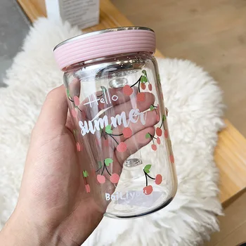

Ins Cute Cherry Glass Transparent High Borosilicate Heat Resistant Water Tumbler 350ml Sealed Leakproof Teacup with Lid Handgrip