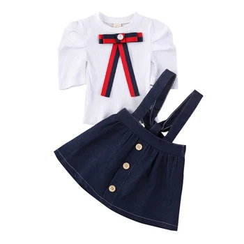 

0-6 years high quality girl clothing set 2020 new summer fashion puff sleeve solid shirt +denim skirt kid children clothing