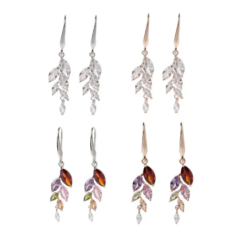

Rainbow Leaf Crystals Cubic Zirconia Hook Drop Earrings Women Fashion Jewelry
