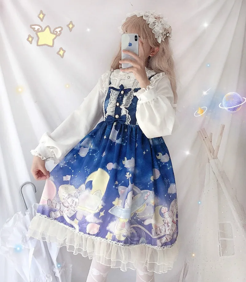 Платье в стиле Лолиты; милое платье в японском стиле Kawaii; платье принцессы для девочек в винтажном готическом стиле; кружевная розовая летняя юбка с принтом - Цвет: Sleeveless DeepBlue