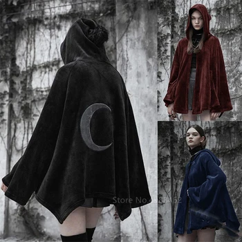 

Women Medieval Cosplay Costume Carnival Party Steampunk Gothic Velvet Cloak Moon Printed Drak Dark Black Hood Short Top Clothing