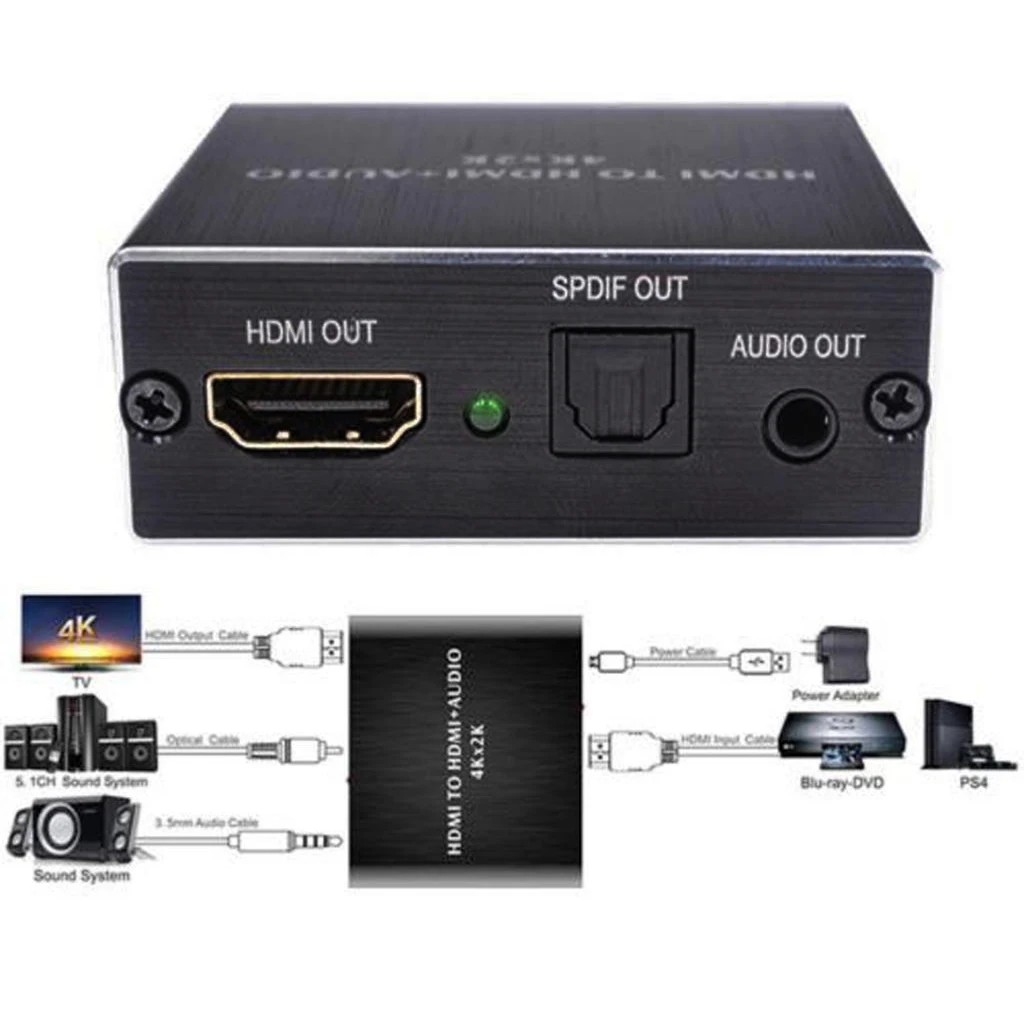 4K x 2K HDMI Input to HDMI Output+Optical SPDIF Output+3.5mm Audio Output Extractor Convertor HDMI Splitter Adaptor (Black)