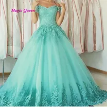 Бирюзовые мусульманские Дешевые Бальные платья с открытыми плечами кружевное бальное платье vestidos de 15 Anos аппликация Пышное милое 16 платье для выпускного вечера