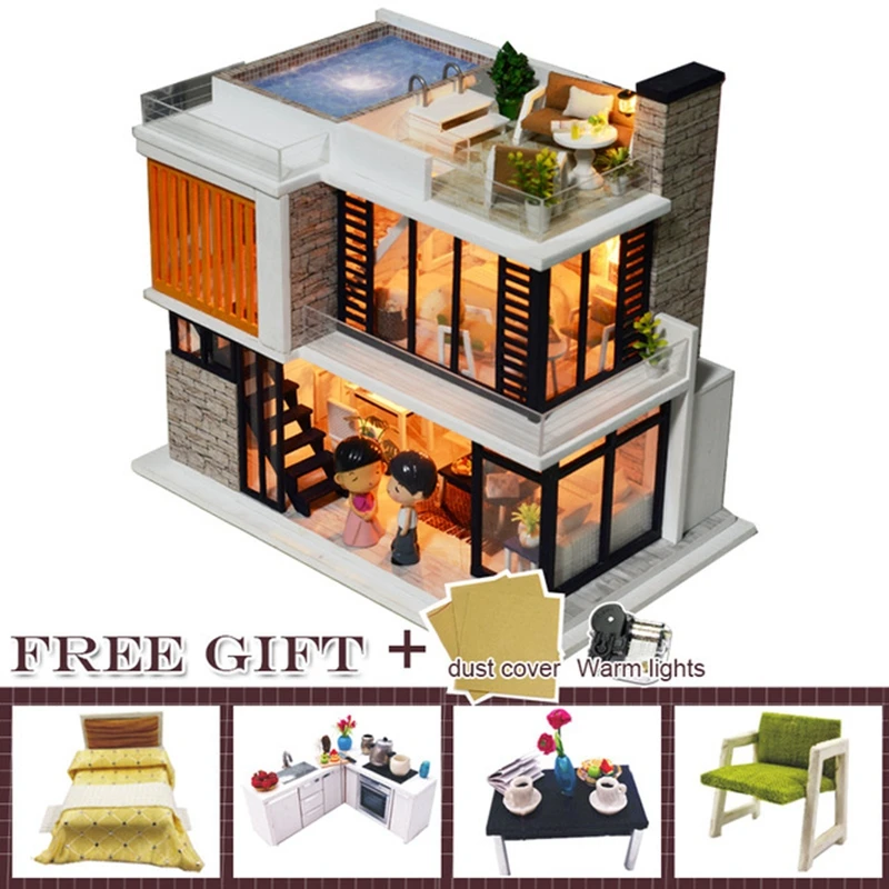 Doll House Furniture Diy Miniature Dust Cover 3D Wooden Miniaturas Dollhouse Toys for Children Birthday CHRISTMAS Gifts casa K36