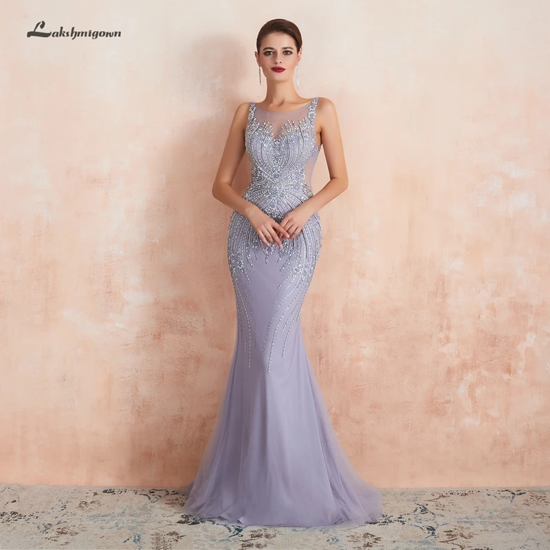 Lakshmigown роскошное вечернее платье с бусинами, Русалка, сиреневый тюль, длинные платья, вечерние платья, Vestido Elegante, платья для выпускного вечера