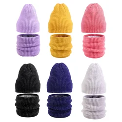 Winter Plain Color Knitted Beanie Cap And Scarf Suit For Men Women Double Layer Elastic Hat Plus Lining Scarf Neck Warmer