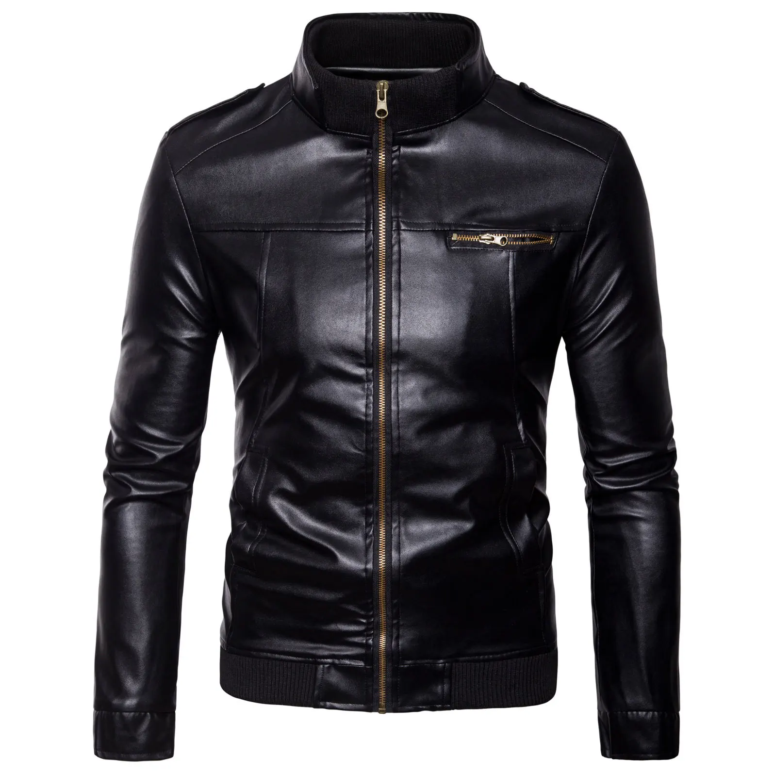 Blog Faux Leather Spring and Autumn Men European and American Style Long Sleeve Stand-up Collar Slim Zipper Pocket Eather Jacket Men