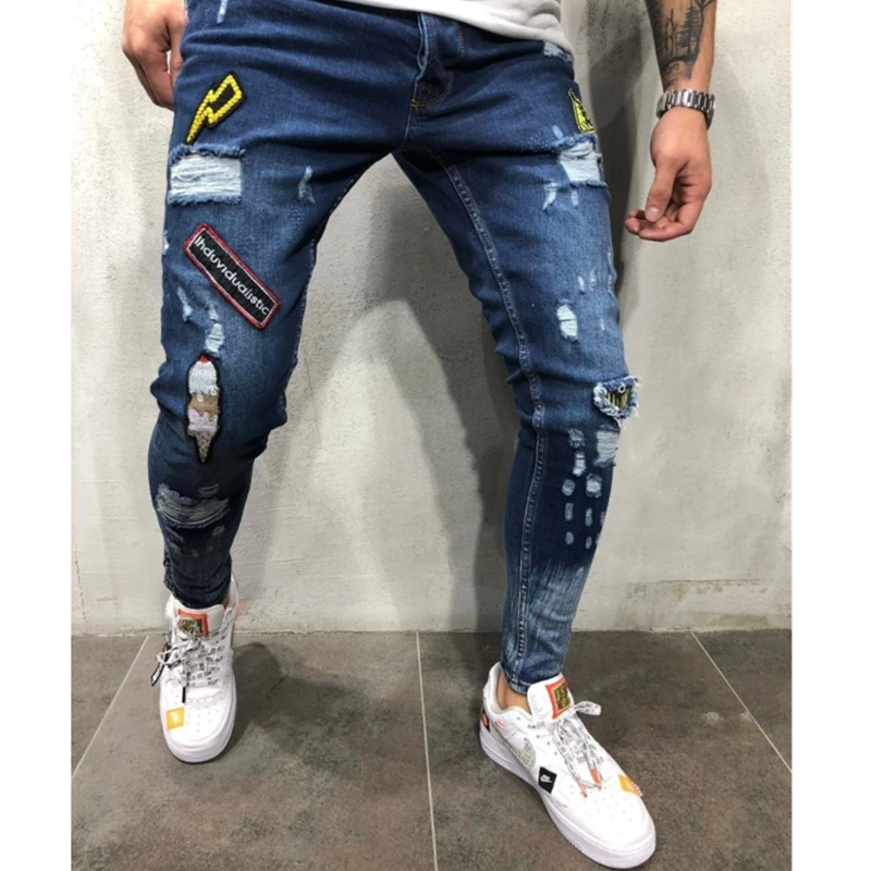 3 вида стилей, мужские рваные обтягивающие байкерские джинсы, рваные потертые джинсы с вышивкой, облегающие джинсовые штаны, джинсы размера плюс 3XL