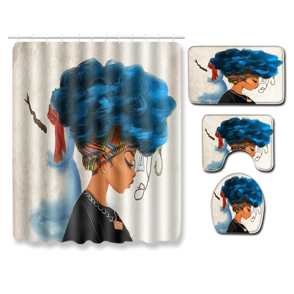 Fashion African Woman Pattern Polyester Shower Curtain Set Non Slip Rugs Carpet for Bathroom Toilet Flannel Bath Mat