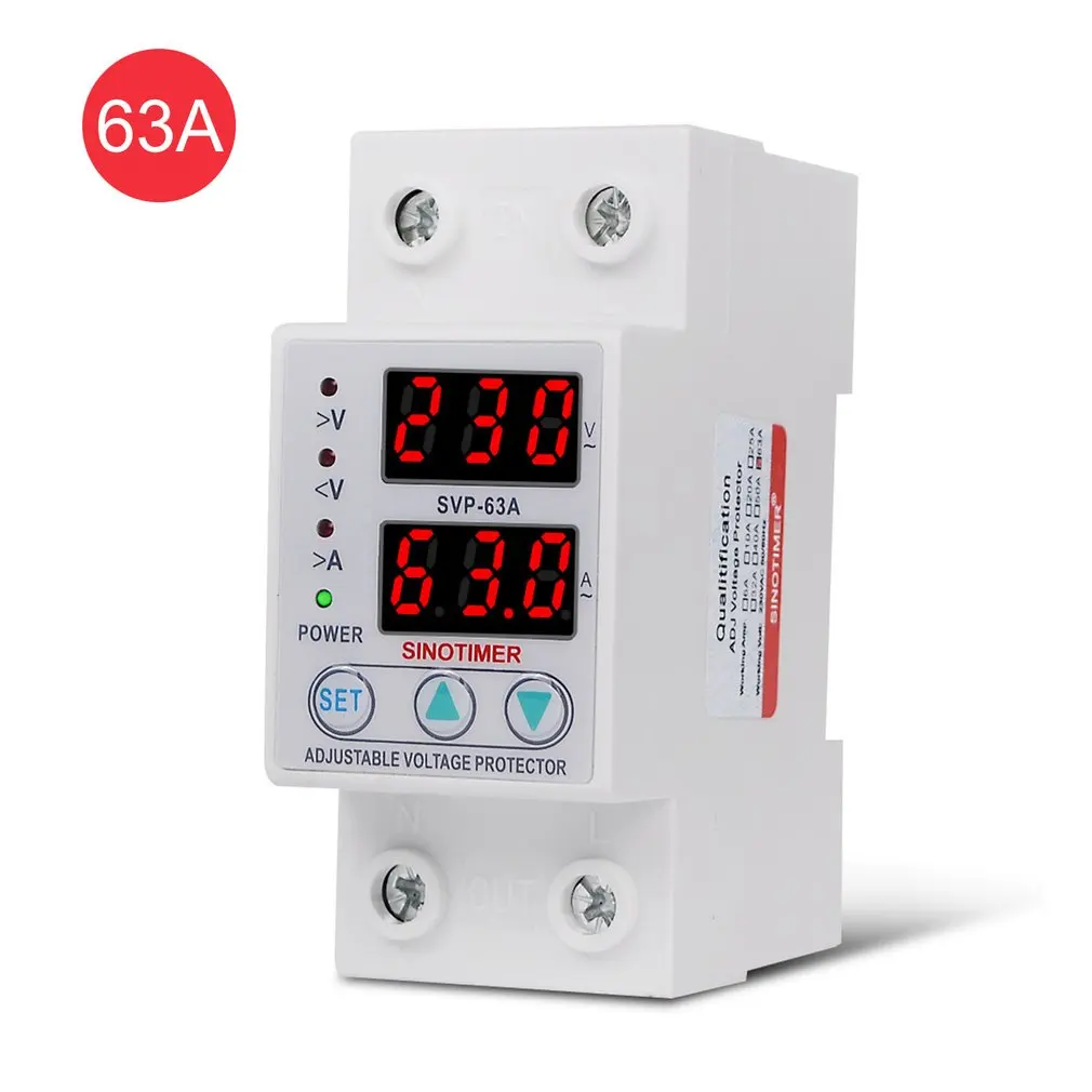 

SINOTIMER SVP-63A Voltage Protector 230V 63A Adjustable Automatic Recovery Under/Over Relay Breaker Protective Device With LED