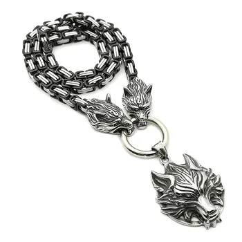 

Men Titanium Steel Wolf Head King Chain Nordic Viking Amulet Stainless Steel Wolf Head Pendant Necklace Viking King Chain