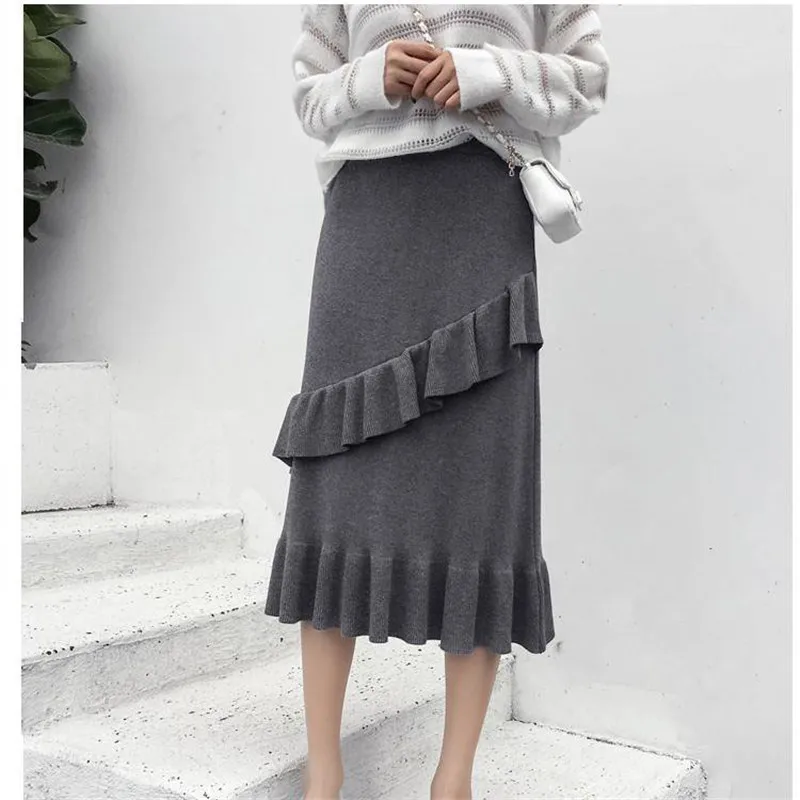 Осень зима 2019 женские элегантные трикотажные юбки Корейская Однотонная юбка с