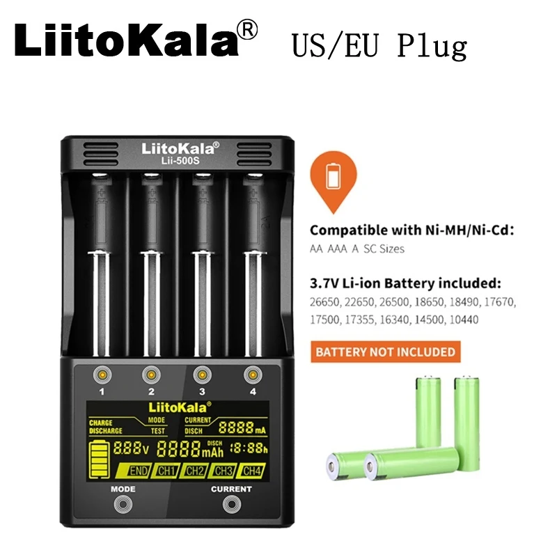LiitoKala lii-500S 18650 зарядное устройство для батареи США/ЕС штекер ЖК-экран дисплей литиевый/NiMH 26650 AA, AAA сенсорное управление четыре тока