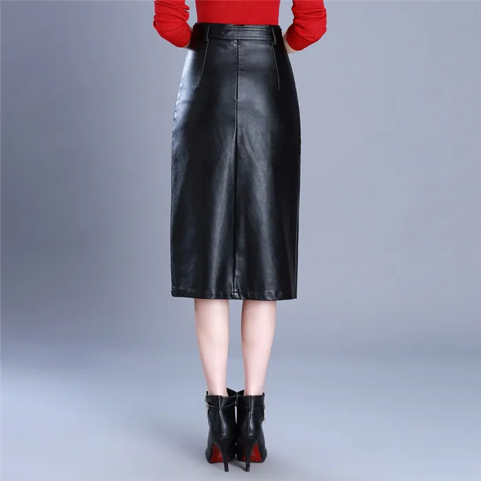 Женская кожаная юбка новая высокая талия осень зима была тонкая средняя длинная юбка большого размера из искусственной кожи черная юбка женская JIU013