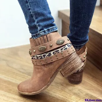 

Winter Women Biker Ankle Boots PU Leather Metal Decoration High Heel Rubber Round Toe Black Platform Ladies Shoes Botas Mujer