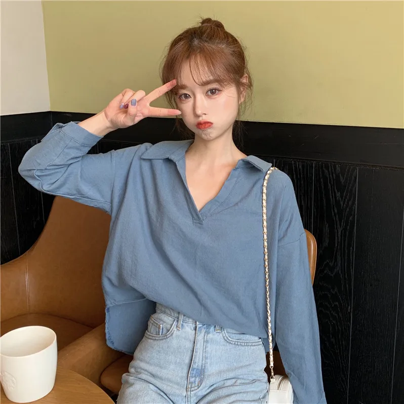 Blusas mujer de moda рубашки с длинными рукавами с кружевным бантом однотонные простые v-образные вырезы и блузки женская одежда vetement femme женские