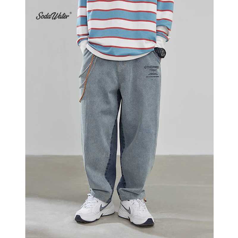 Sodaводяные мужские свободные прямые джинсы с принтом в японском стиле, джинсовые брюки с завязками на лодыжке, мужские брюки в стиле хип-хоп из хлопка, мешковатые джинсы, 93385W