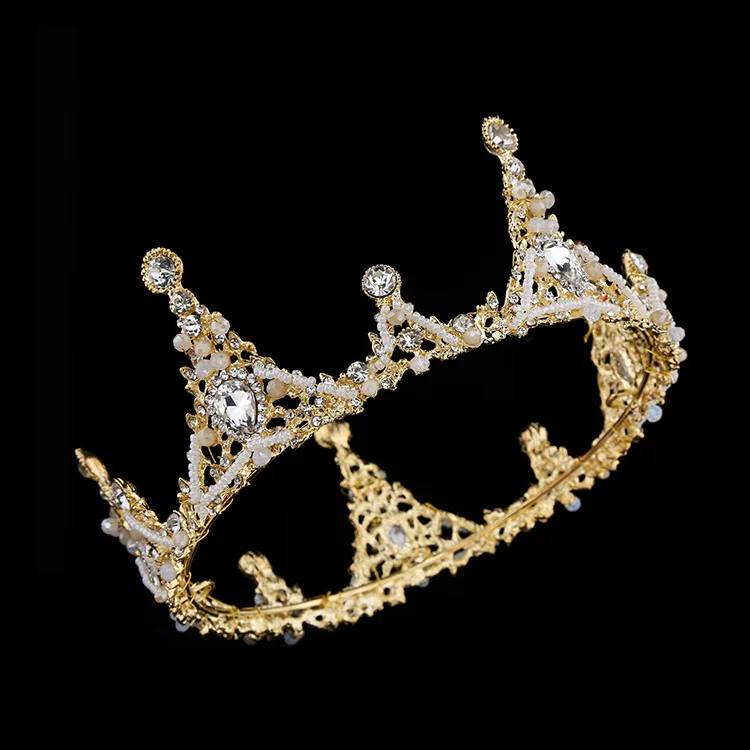 

New Style Gold-Tone Man-made Diamond Pearl Wedding Holiday Crown Bride Head-Mounted Accessories Party Metal Bakery Crown