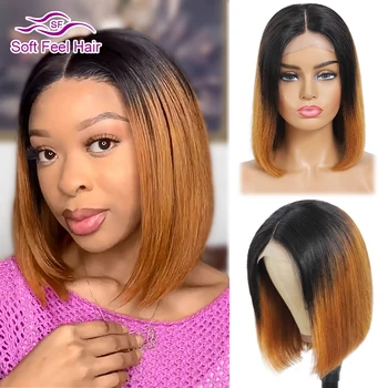 

Ombre Human Hair Bob Wigs For Black Women Colored 4x4 Lace Closure Wig Remy Short Brazilian Straight Closure Wig Soft Feel Hair