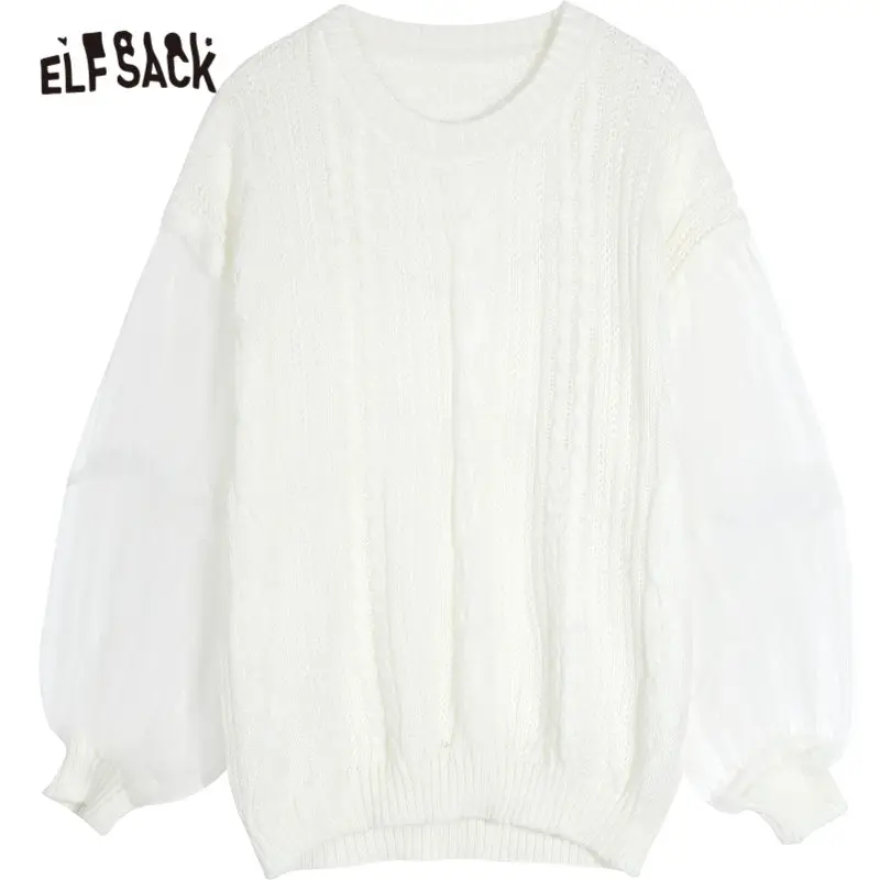 Белая однотонная контрастная сетчатая Повседневная Блузка ELFSACK для женщин весна