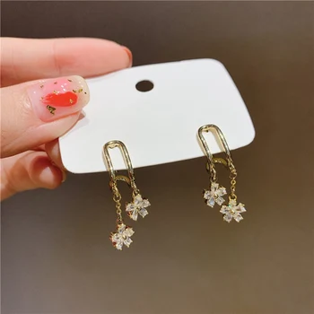 

MENGJIQIAO Korean Fashion Elegant Zircon Flower Drop Earrings For Women Girls Geometric Metal Brinco Party Jewelry Accessories