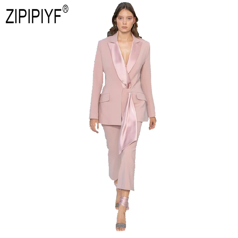Simple Design Fashion Autumn Winter Women Suits Turn Down Neck Pockets Patchwork Long Sleeve Blazers Office Pants Z2799