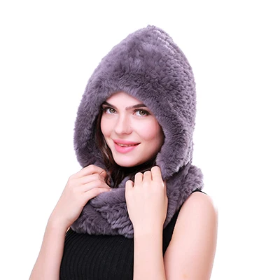Женская шапка, новинка, меховая шапка из натурального кролика, шапка, шарф, зимняя теплая шапка из натурального меха с шейным шарфом из меха джиали - Цвет: Темно-серый