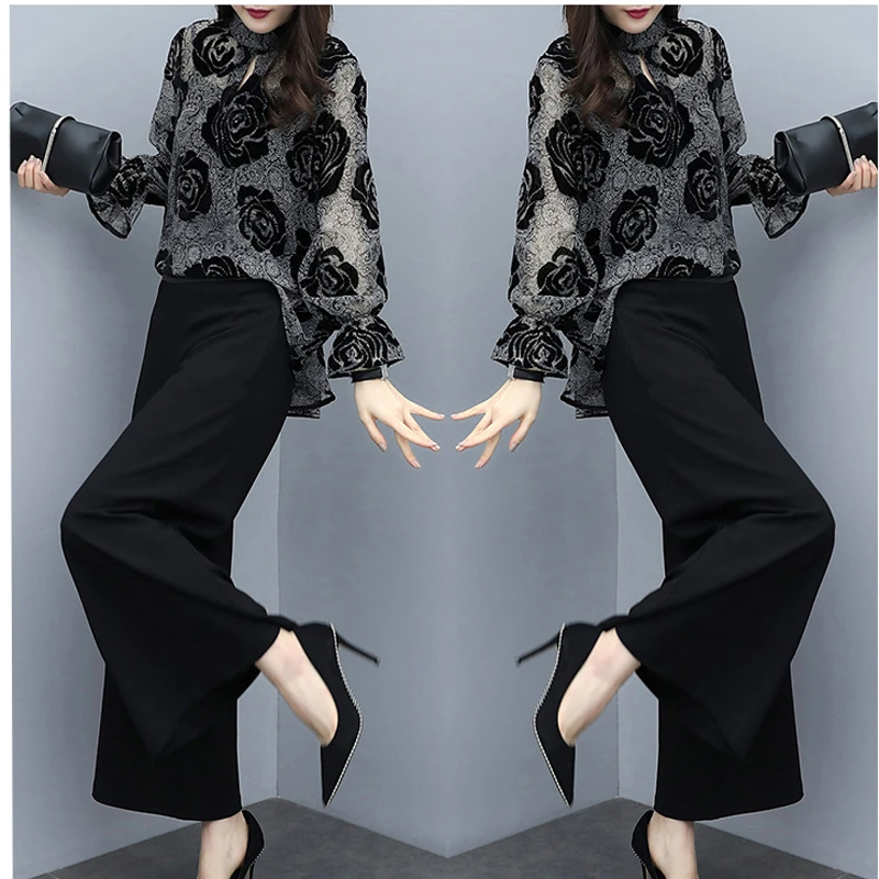 

2 piece set women summer 2 Piece Sets Floral Print Flare Sleeve Long Top + Plus Size Black Pants Suit Elegant Women Vintage Sets