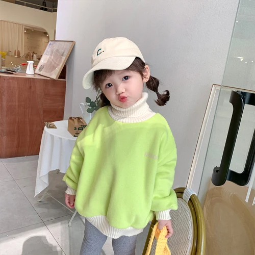 Fluorescent green Южно-корейский стиль, зимняя водолазка и шерсть флисовая детская одежда для девочек теплая толстовка для маленьких девочек - Цвет: Fluorescent green