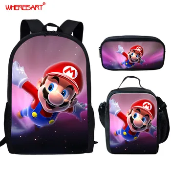 

WHEREISART 3D Super Mario Printing School Bag for Teenage Girls Boys 3Pcs/Set Anime Design Student Backpack Children Book Bag