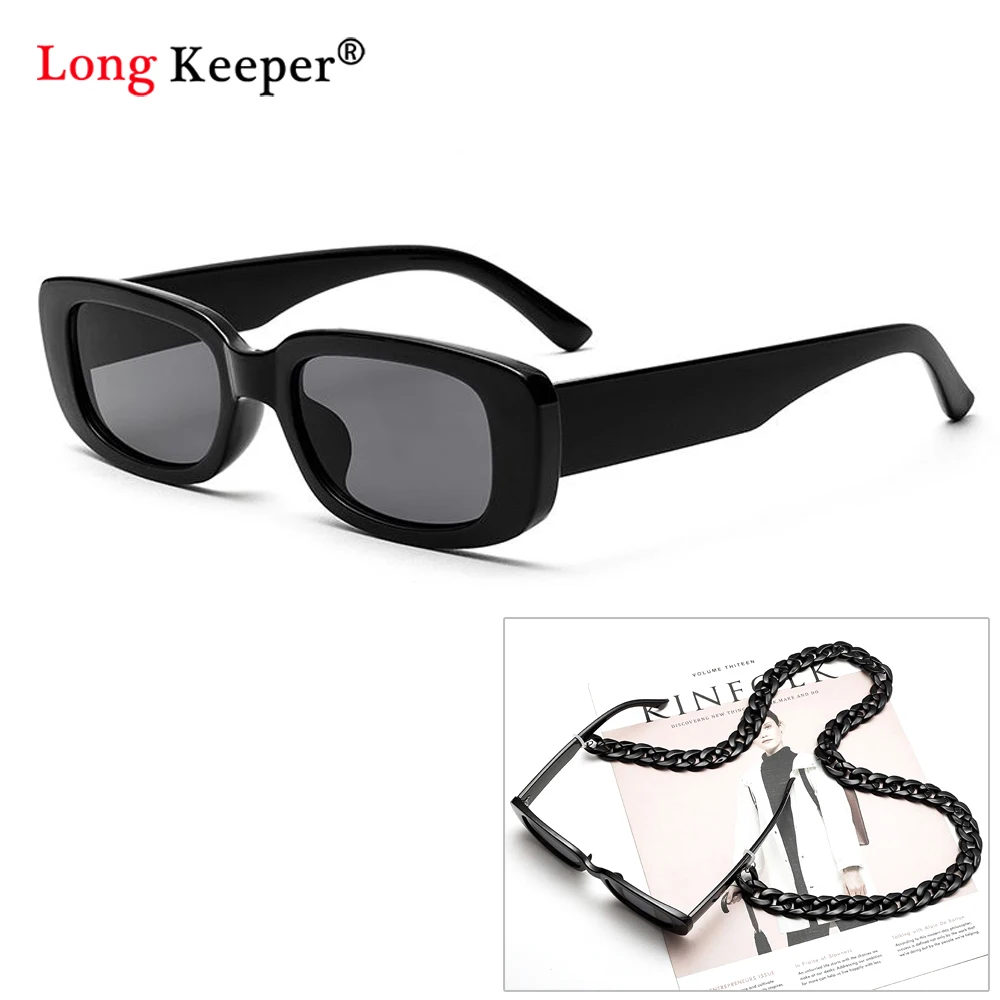 

LongKeeper Vintage Rectangle Sunglasses With Black Glasses Chain For Women Men Fashion Eyewear Holders Rope UV400 Lens