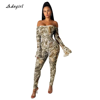 

Sexy US Dollar Print Jumpsuit Casual Off Shoulder Long Bell Sleeve Bodysuit With Pants Two Piece Set Night Club Party Overalls