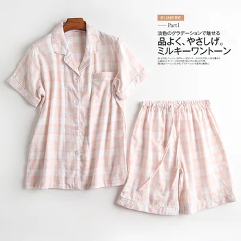 

Women Summer 100% Cotton Pajamas Short Sleeve+ Shorts Plaid Print Sleepwear Casual Simple Comfortable Homewear for girls 2020