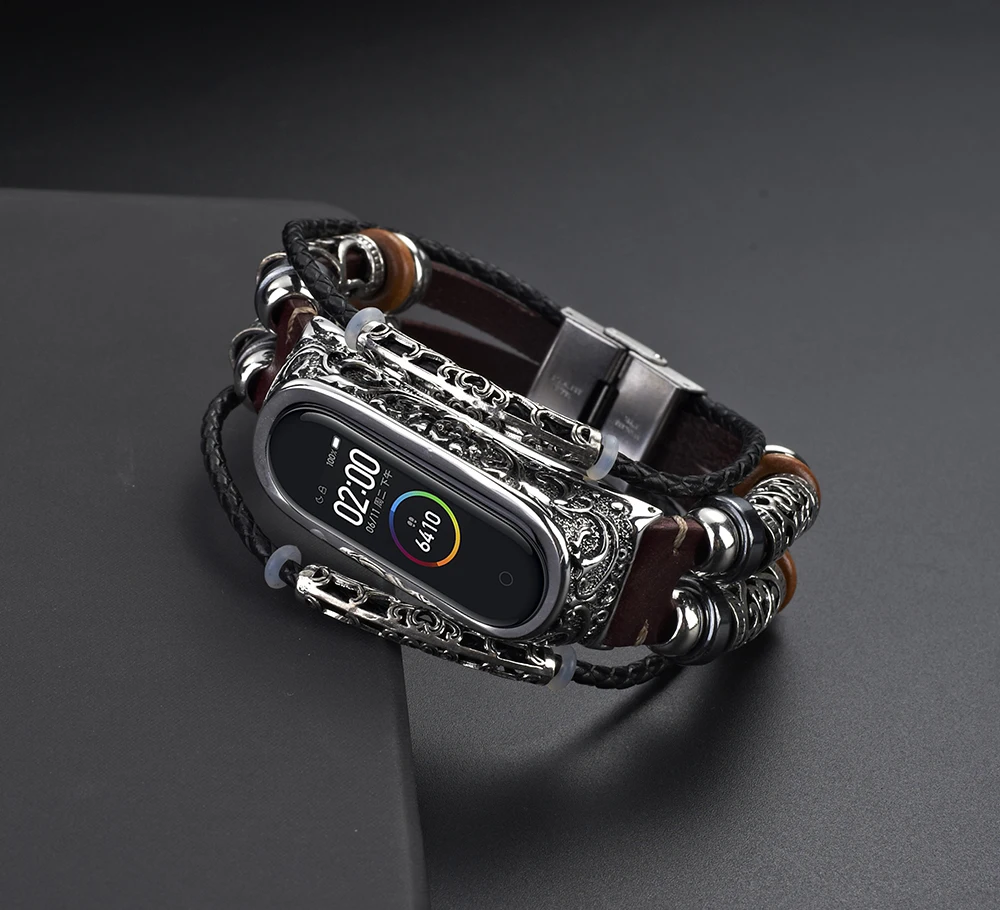 UEBN кожаный Ретро ремешок для часов для xiaomi miband 4 с металлической рельефной каймой браслет DIY браслет для miband 3 умный Браслет
