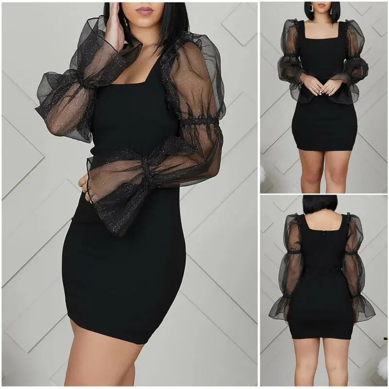 2020 Spring Womens Sexy Mesh Sheer Puff Long Sleeve Bodycon Ladies Evening Party Mini Dress Femma Vestito