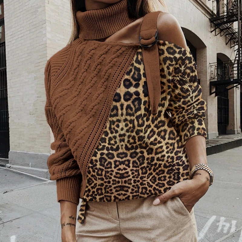 Леопардовый лоскутный вязаный свитер для женщин с открытыми плечами Водолазка Теплые осенние свитера пуловер зимний длинный рукав в полоску ребристые Топы