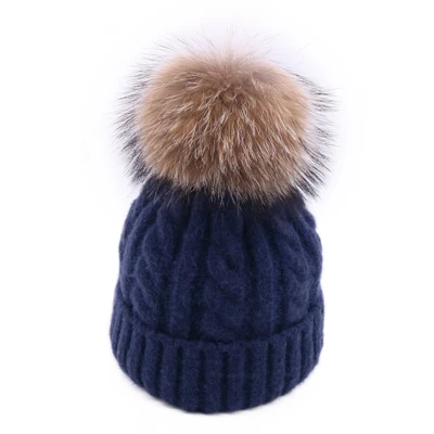 Navy Blue Зимняя женская вязаная шапка Skullies Женская бини шапки с настоящим помпон из лисьего меха роскошный Gorro; теплый лыжный головной убор для девочек ярких цветов - Цвет: Navy Blue