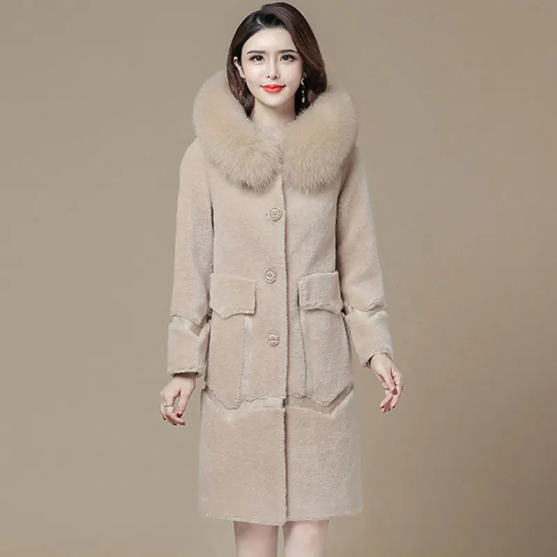 Beige Новинка, зимнее шерстяное пальто, женское меховое пальто, длинный рукав, мех лисы, с капюшоном, теплая кашемировая куртка, длинное пальто, abrigos mujer invierno - Цвет: Beige